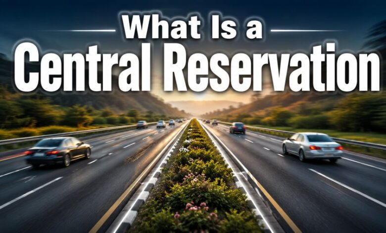 Central reservation separating opposing traffic on a UK dual carriageway